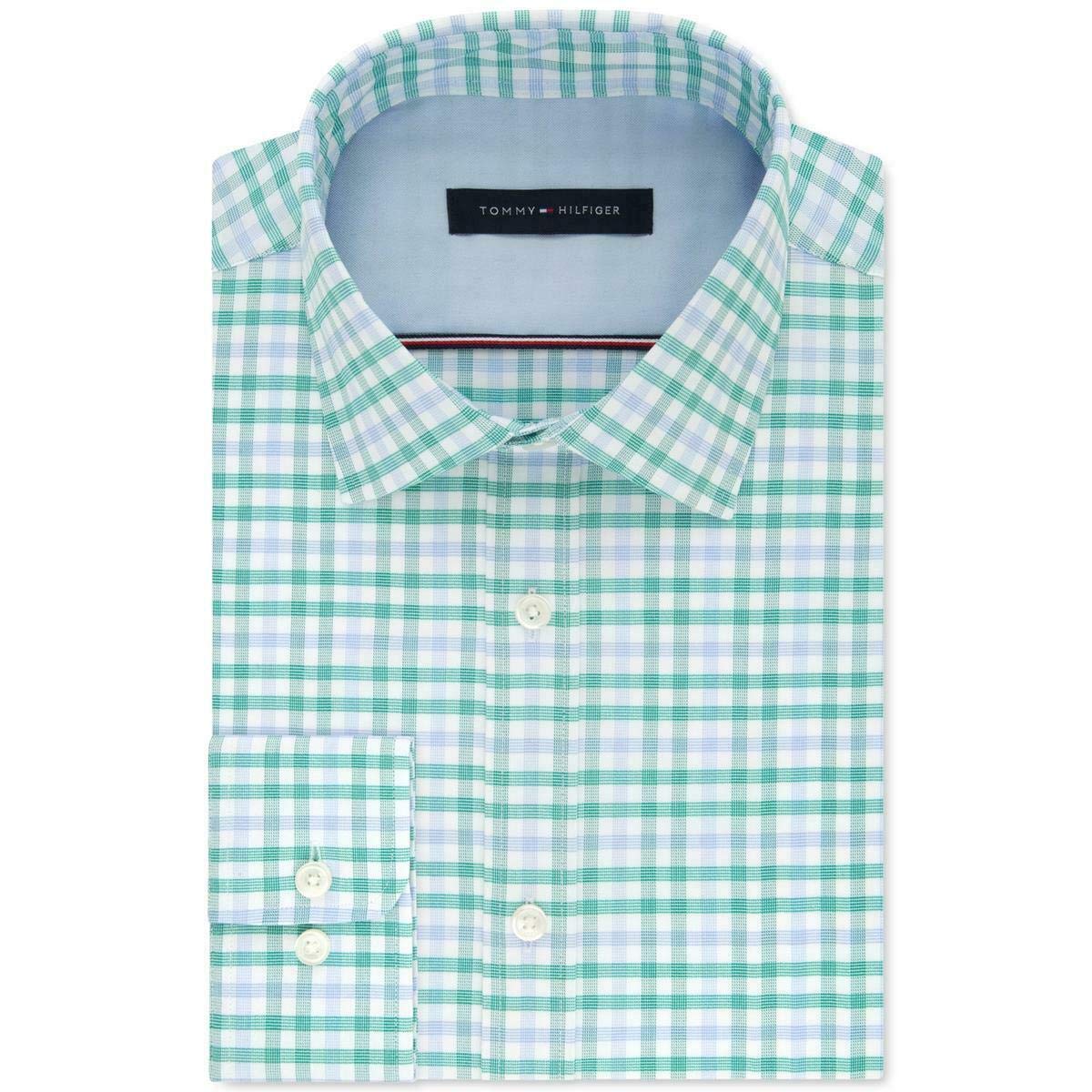 Tommy Hilfiger Men's Woven Plaid Button Down Shirt Green Size 17.5X34X35