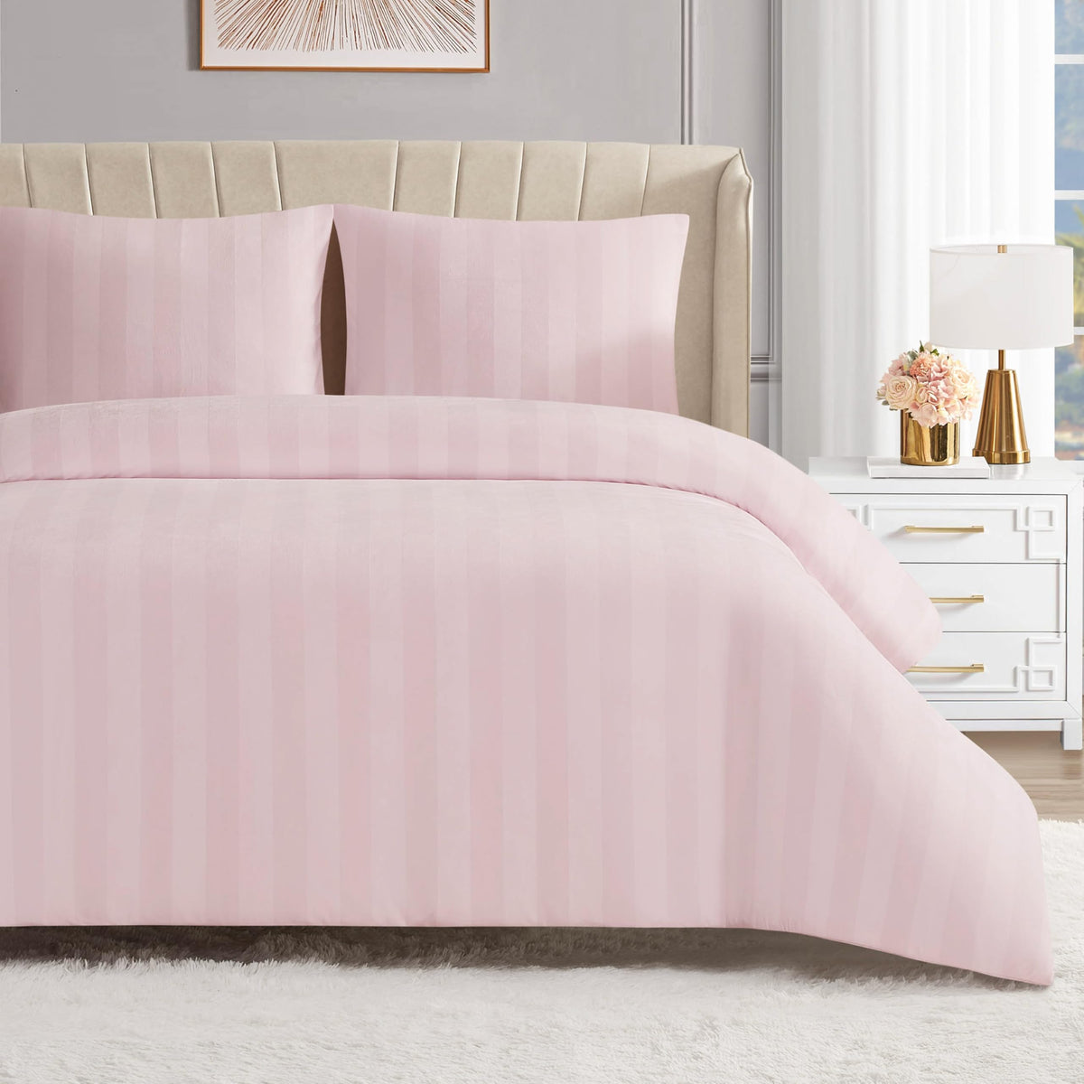 Juicy Couture Jenny Velour Striped Jacquard Full Queen Bedding Set 3 Piece Light Pink