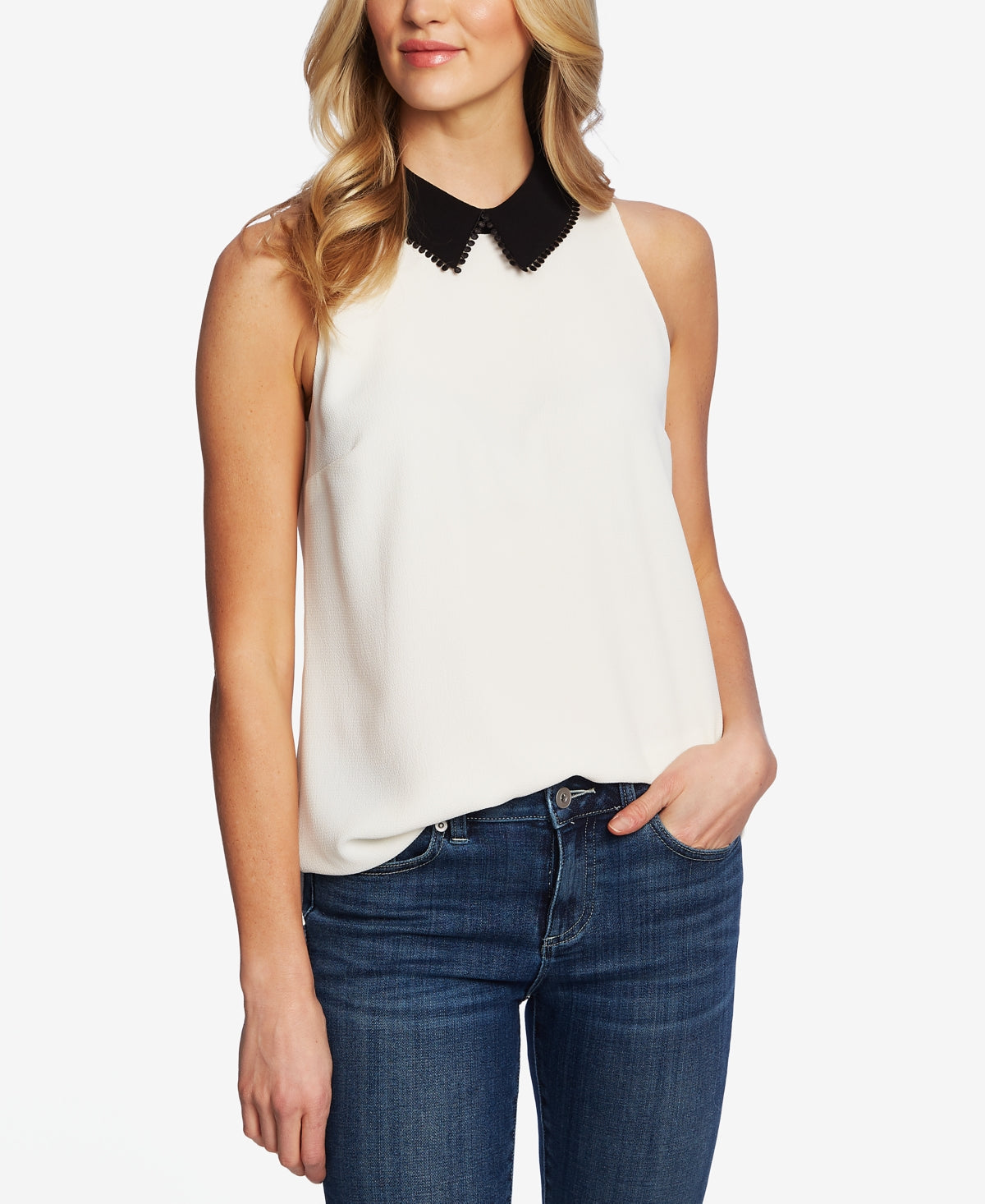 CeCe Women's Sleeveless Peter Pan Collar Top Soft Ecru Size Small
