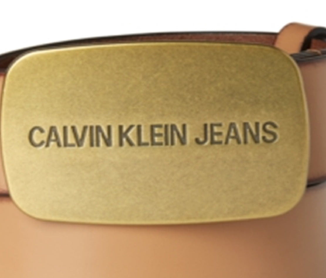 Calvin Klein Men's Plaque Buckle Leather Belt Brown Size 44