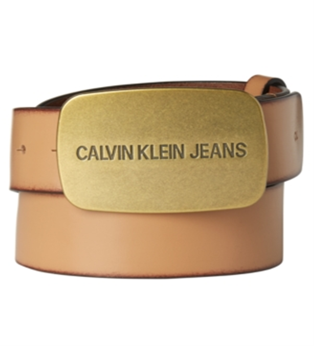 Calvin Klein Men's Plaque Buckle Leather Belt Brown Size 44