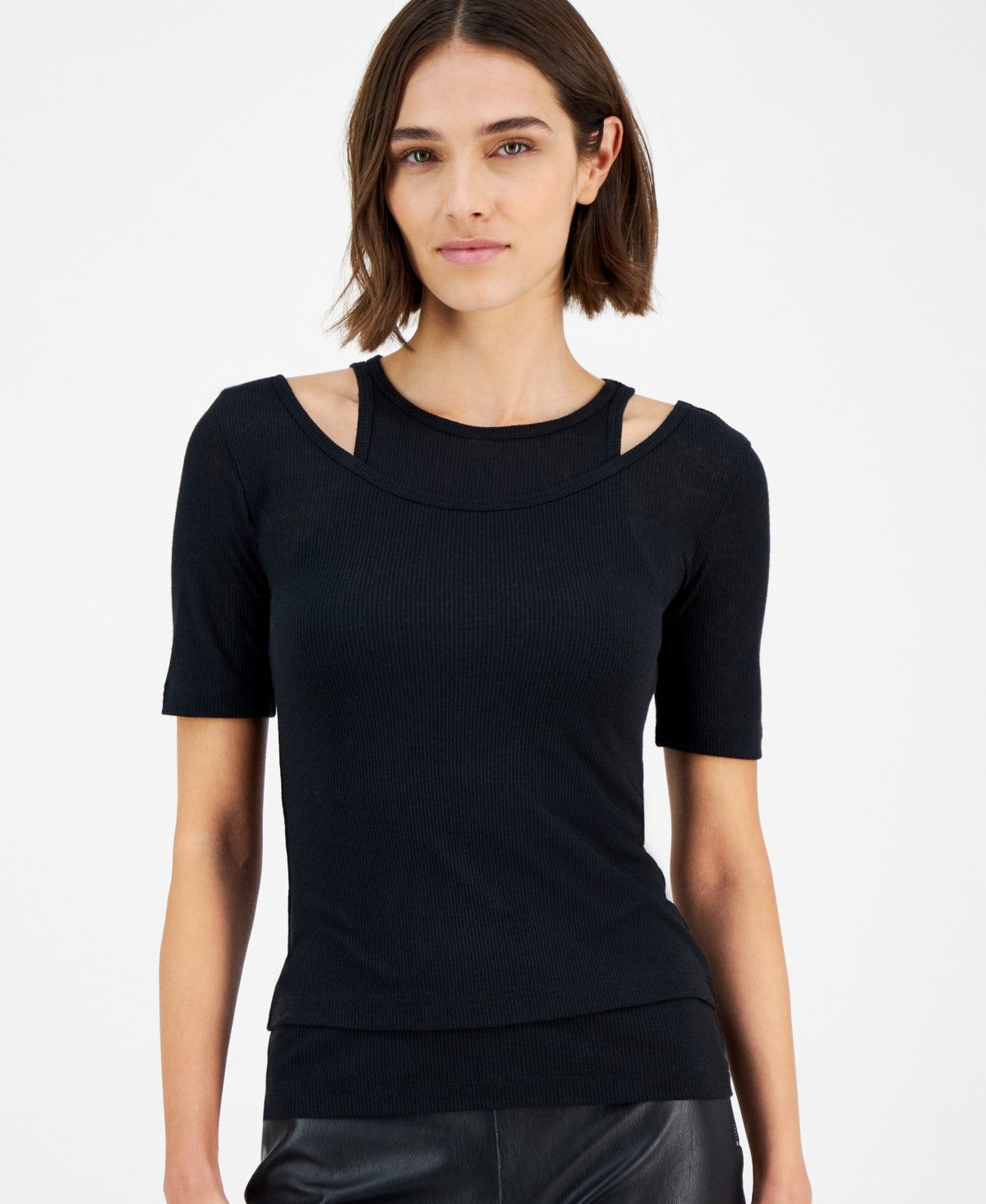 Boss Orange Womens Slim Ribbed Layered Look Short Sleeve Top Black