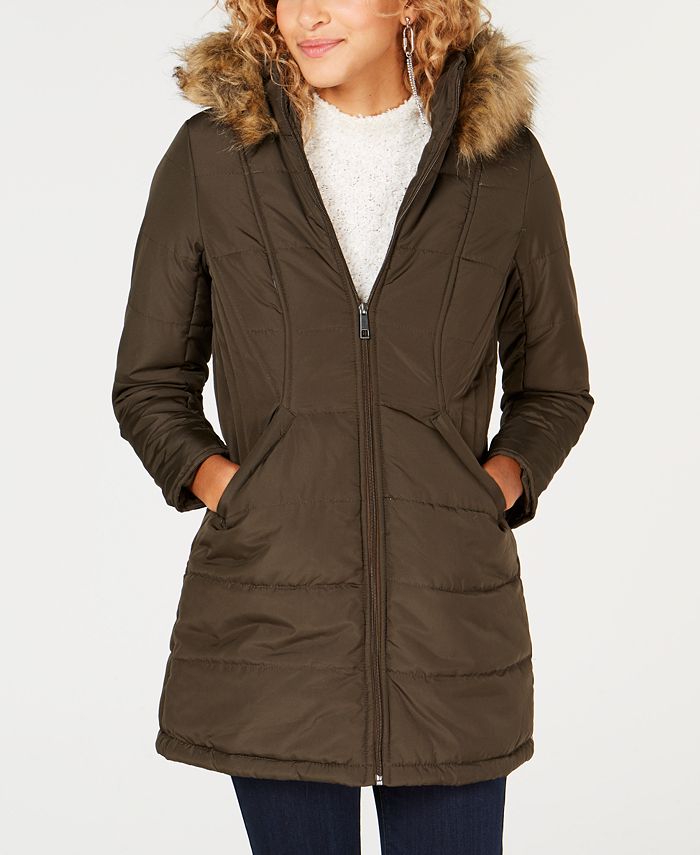 Maralyn & Me Junior's Faux Fur Trim Hooded Puffer Coat Black Size Small