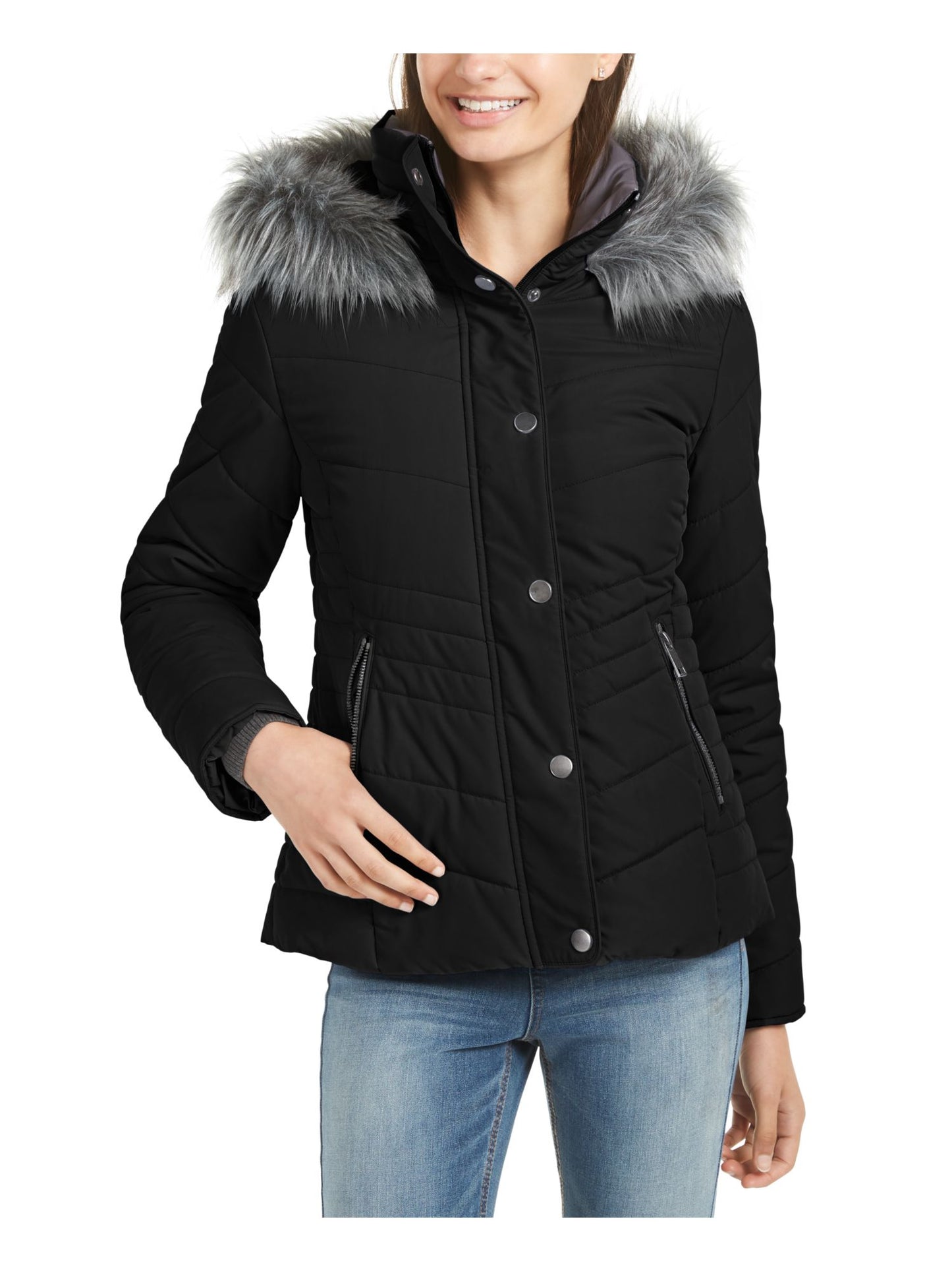 Maralyn & Me Junior's Faux Fur Trim Hooded Puffer Coat Black Size Small