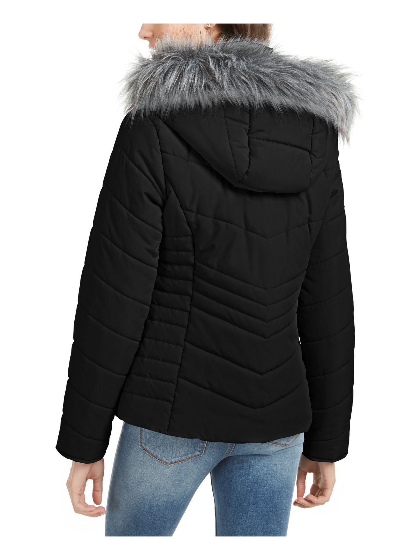 Maralyn & Me Junior's Faux Fur Trim Hooded Puffer Coat Black Size Small