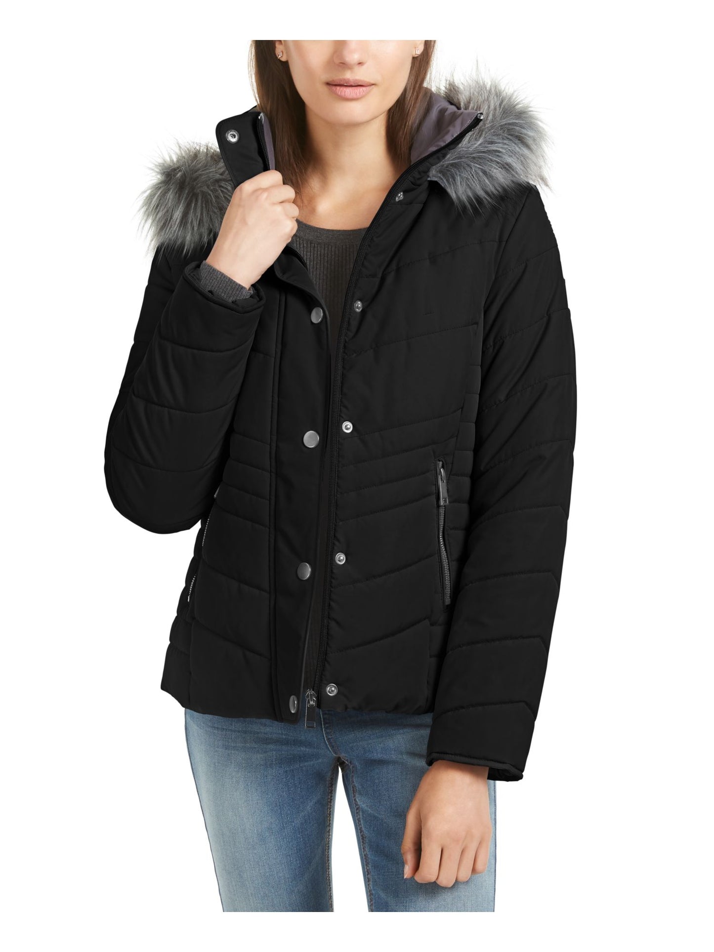 Maralyn & Me Junior's Faux Fur Trim Hooded Puffer Coat Black Size Small