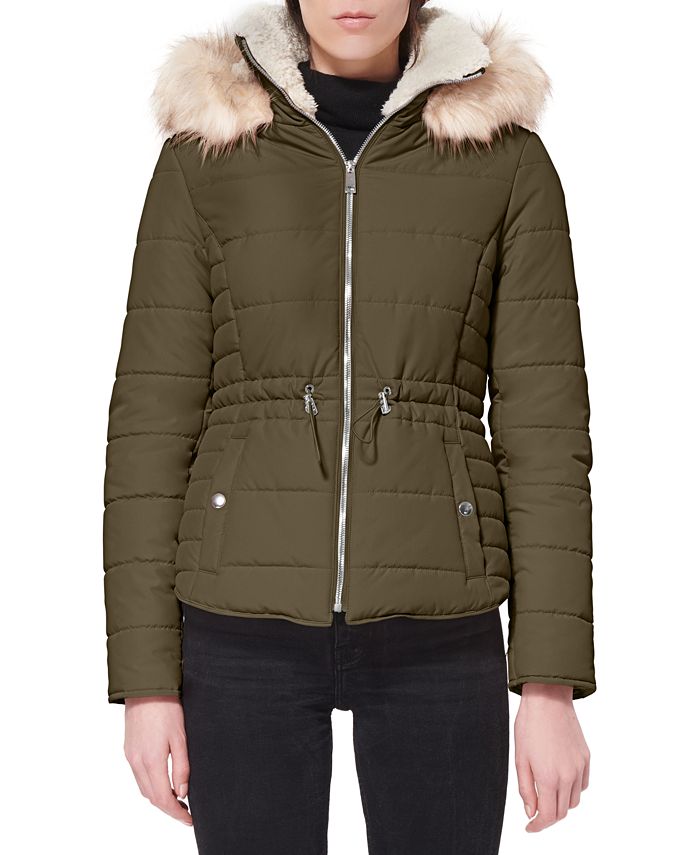 Maralyn & Me Junior's Faux Trim Hooded Puffer Coat Black Size Medium