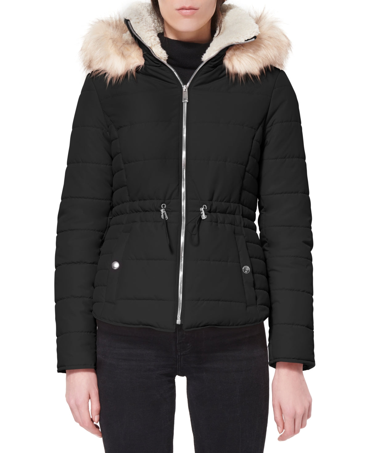 Maralyn & Me Junior's Faux Trim Hooded Puffer Coat Black Size Medium