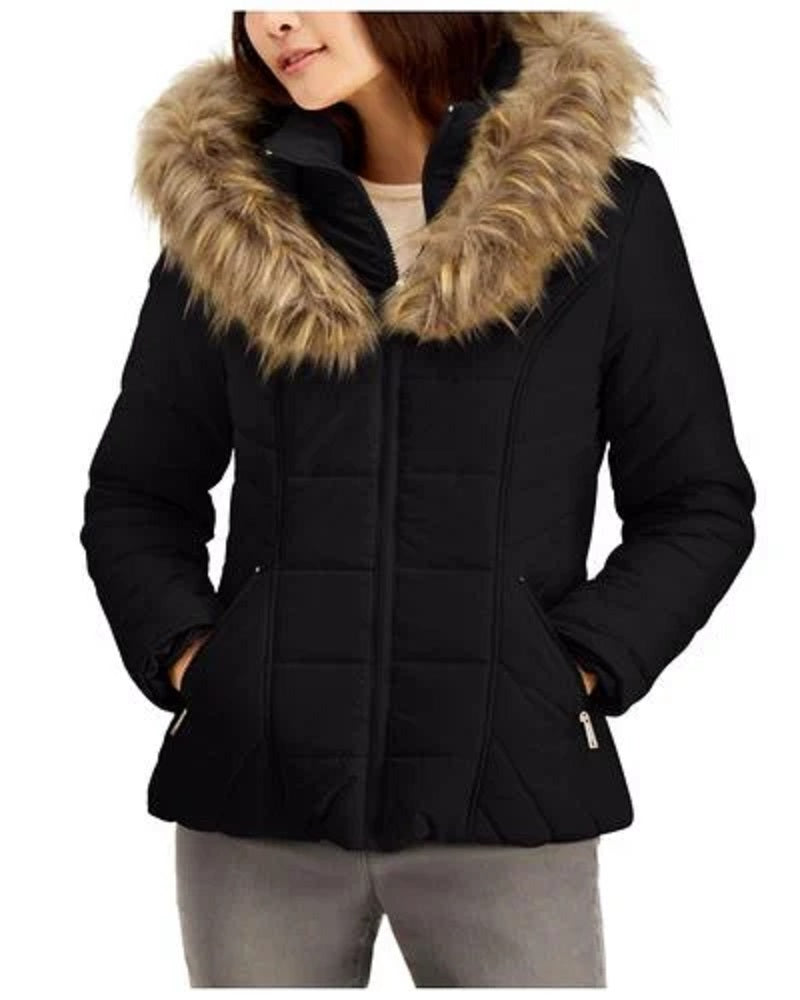 Maralyn & Me Junior's Belted Faux Fur Trim Hooded Puffer Coat Black Size Medium