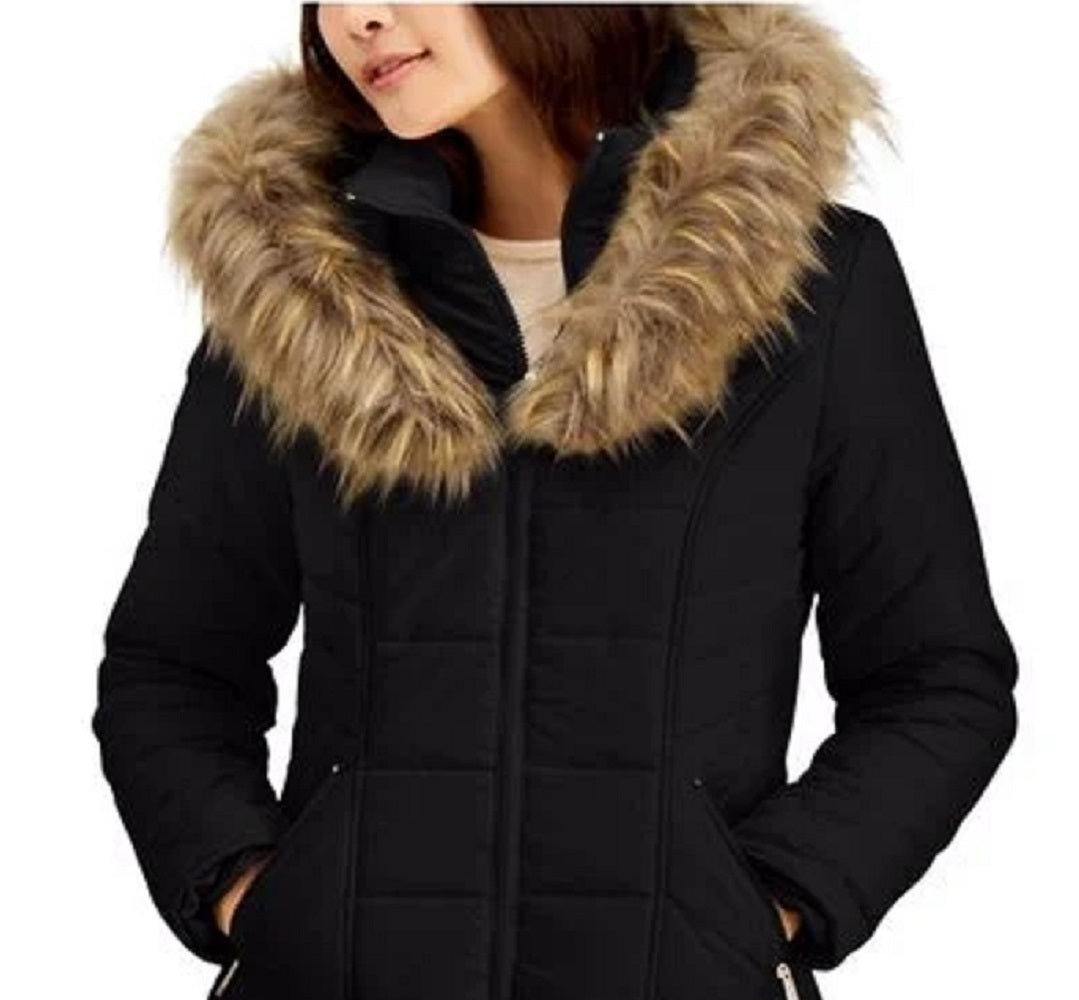 Maralyn & Me Junior's Belted Faux Fur Trim Hooded Puffer Coat Black Size Medium