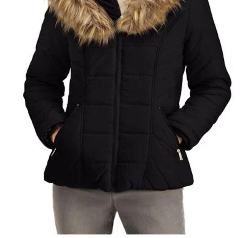 Maralyn & Me Junior's Belted Faux Fur Trim Hooded Puffer Coat Black Size Medium