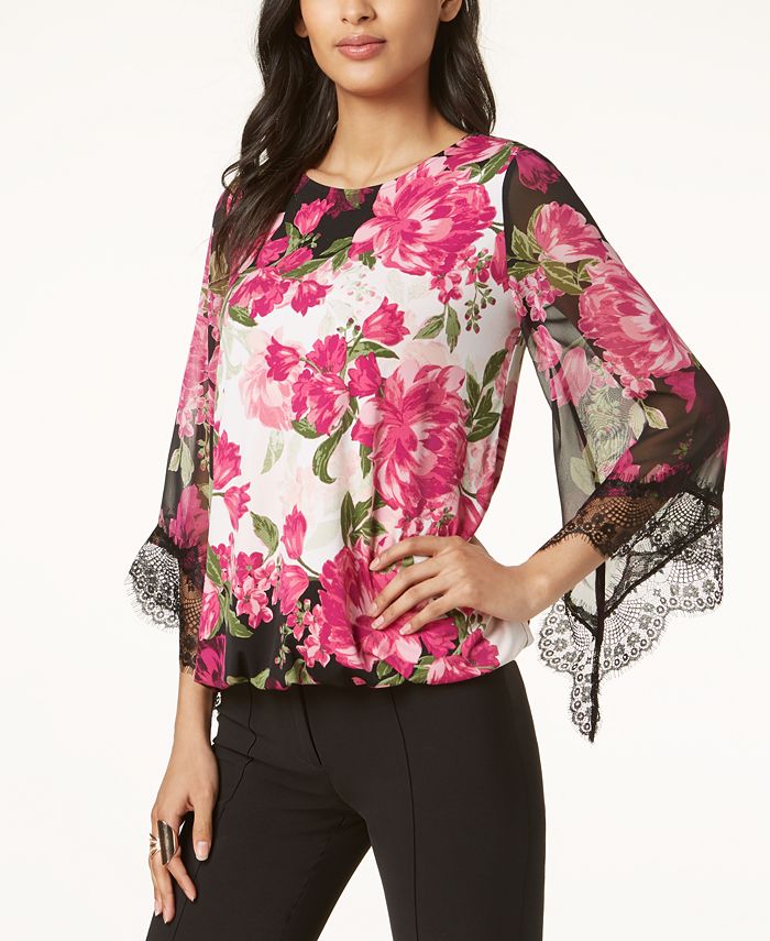 Alfani Women's Lace Trim Bubble Hem Blouse Pink Size X-Large