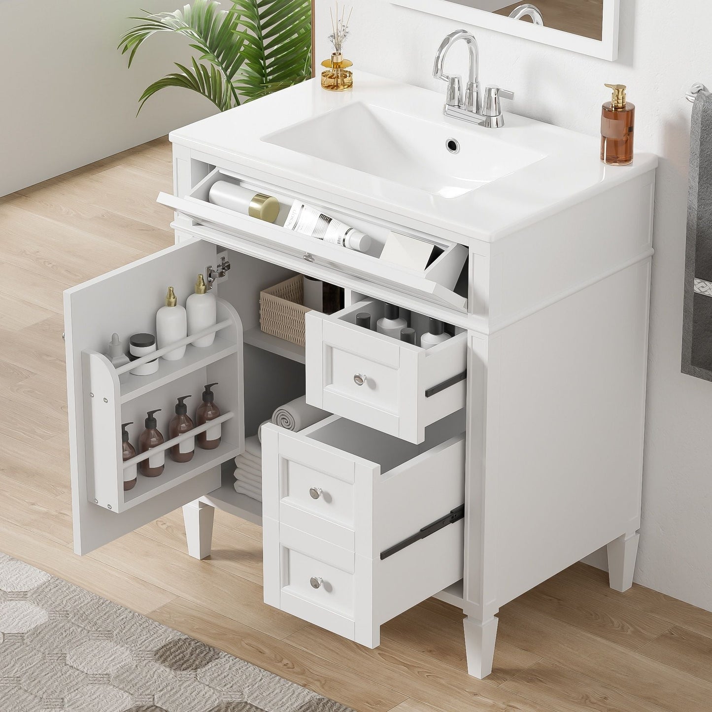 Bathroom Vanity With Top Sink, 2 Drawers & Tip Out Drawer
