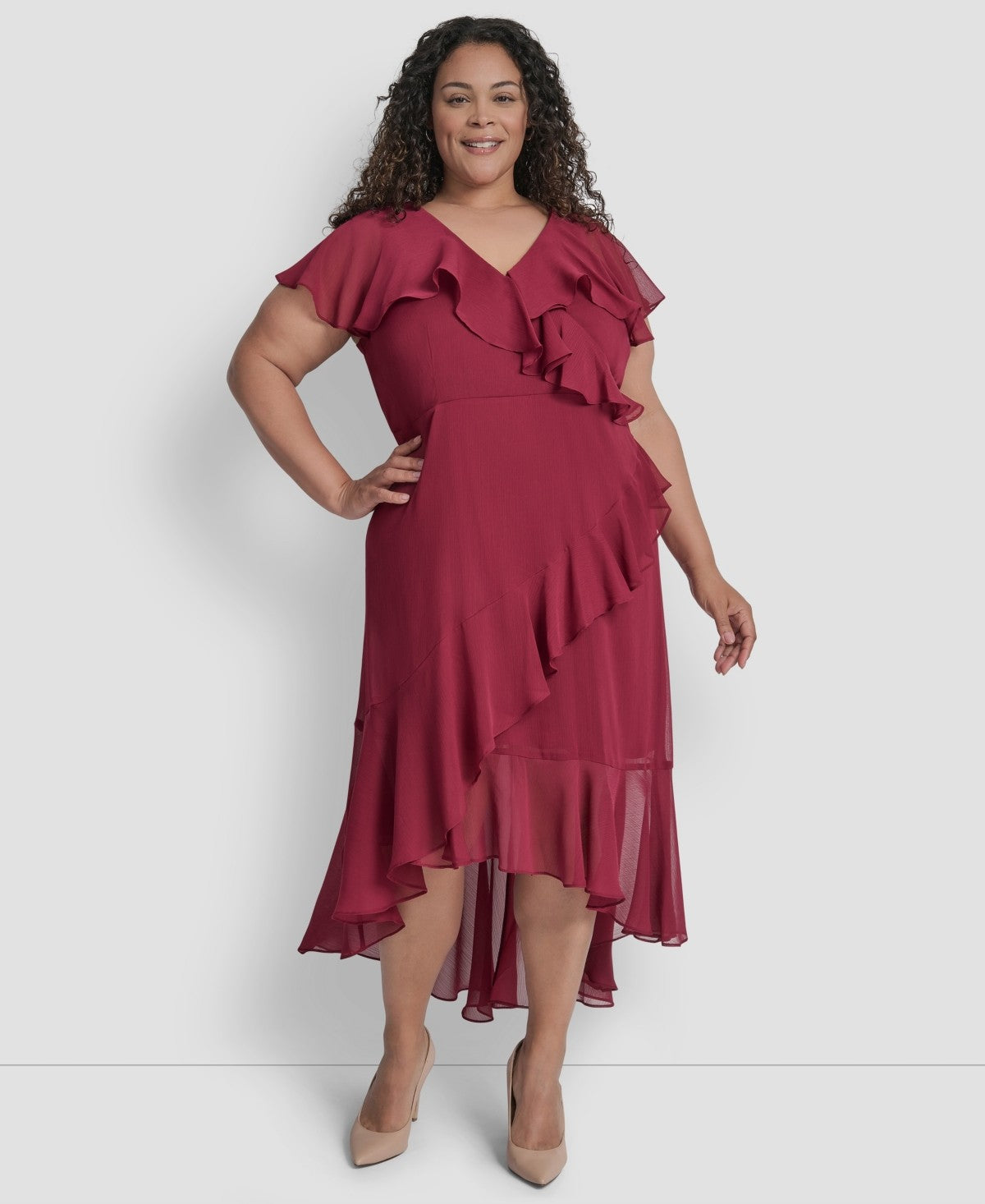 DKNY Plus Size V Neck Ruffled High Low Hem Dress Beet