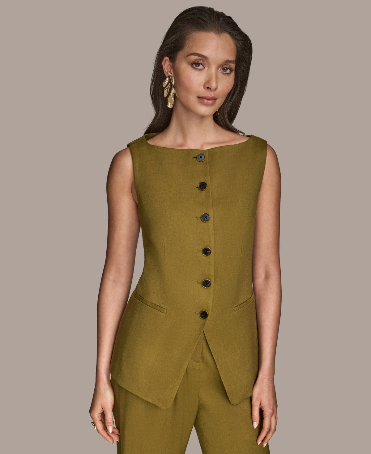 Donna Karan New York Womens Linen Blend Vest Regular Petite Smoky Olive