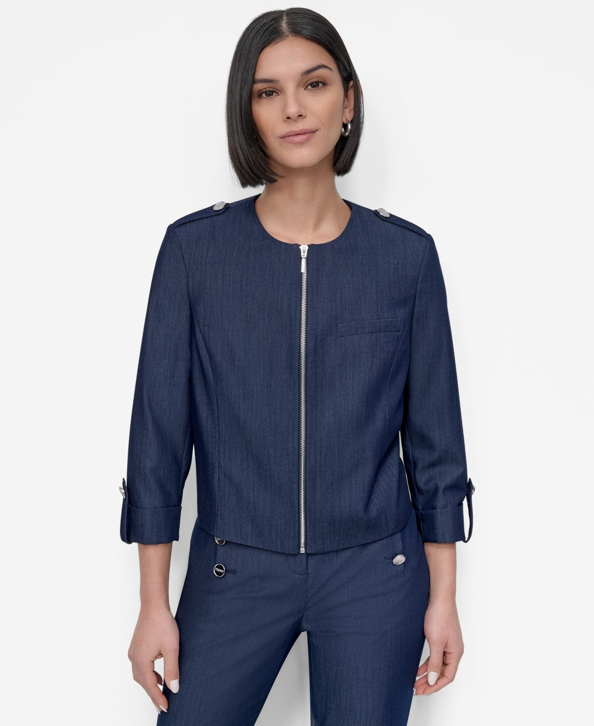 DKNY Womens Roll Tab Sleeve Zip Front Denim Jacket