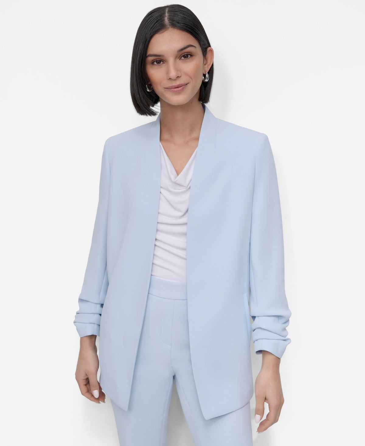 DKNY Womens Ruched Sleeve Open Front Blazer Skyway