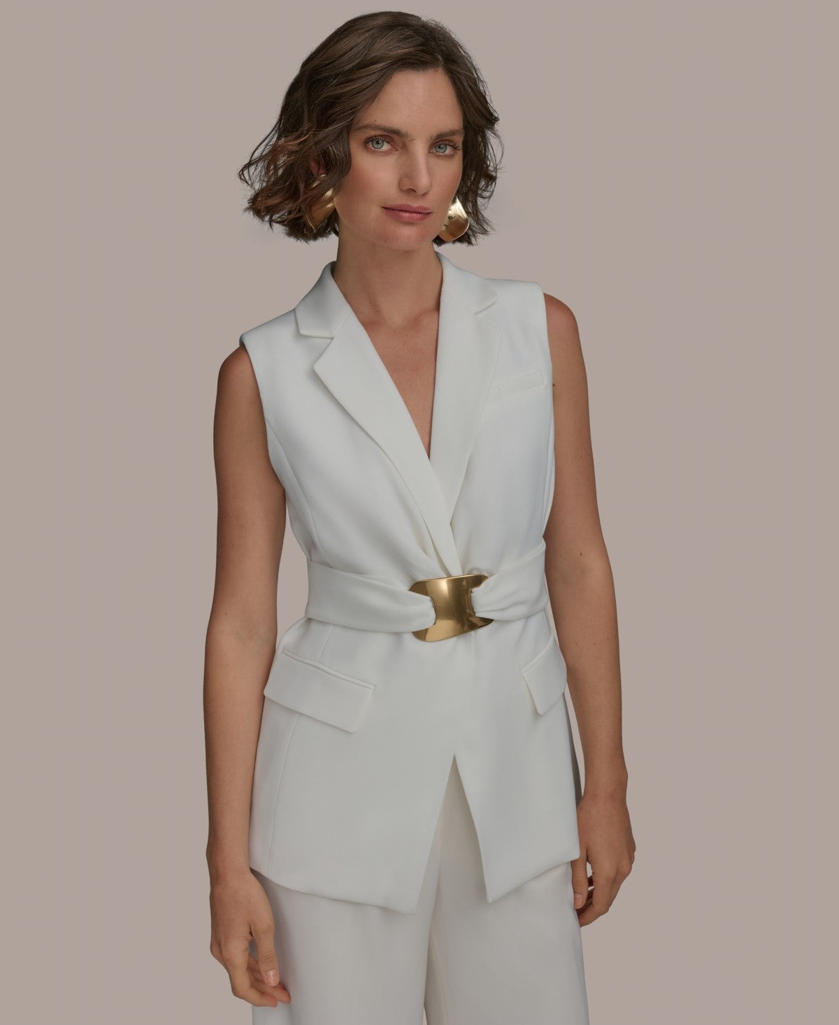 Donna Karan New York Womens Belted Vest Cream