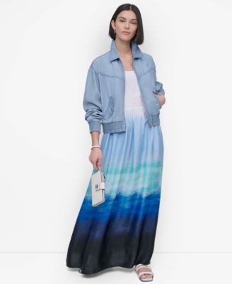 DKNY Womens Seafoam Ombre Printed Satin Maxi Dress Size L