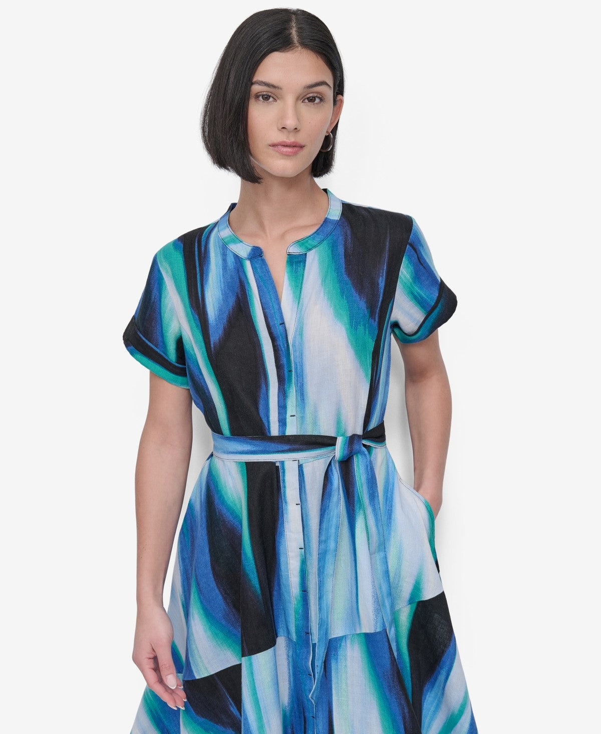 DKNY Short Sleeve Linen Tie Waist Midi Dress