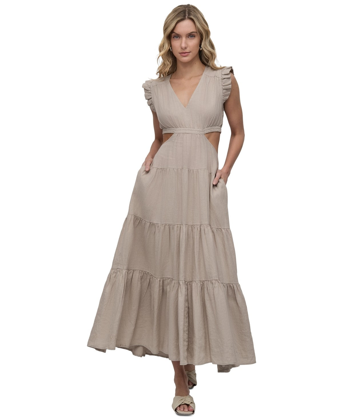 DKNY Womens Ruffled Linen Blend Maxi Dress Pebble Size S