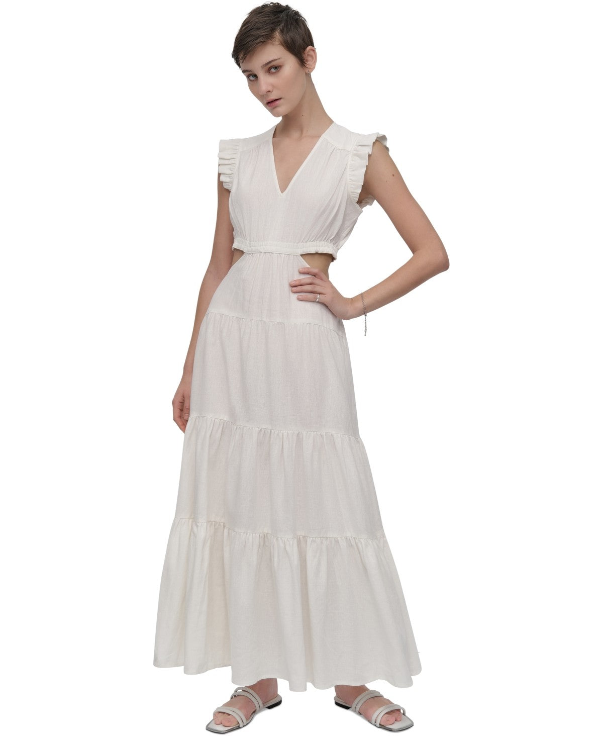 DKNY Jeans Womens Linen Blend Tiered V Neck Cutout Maxi Dress Ivory