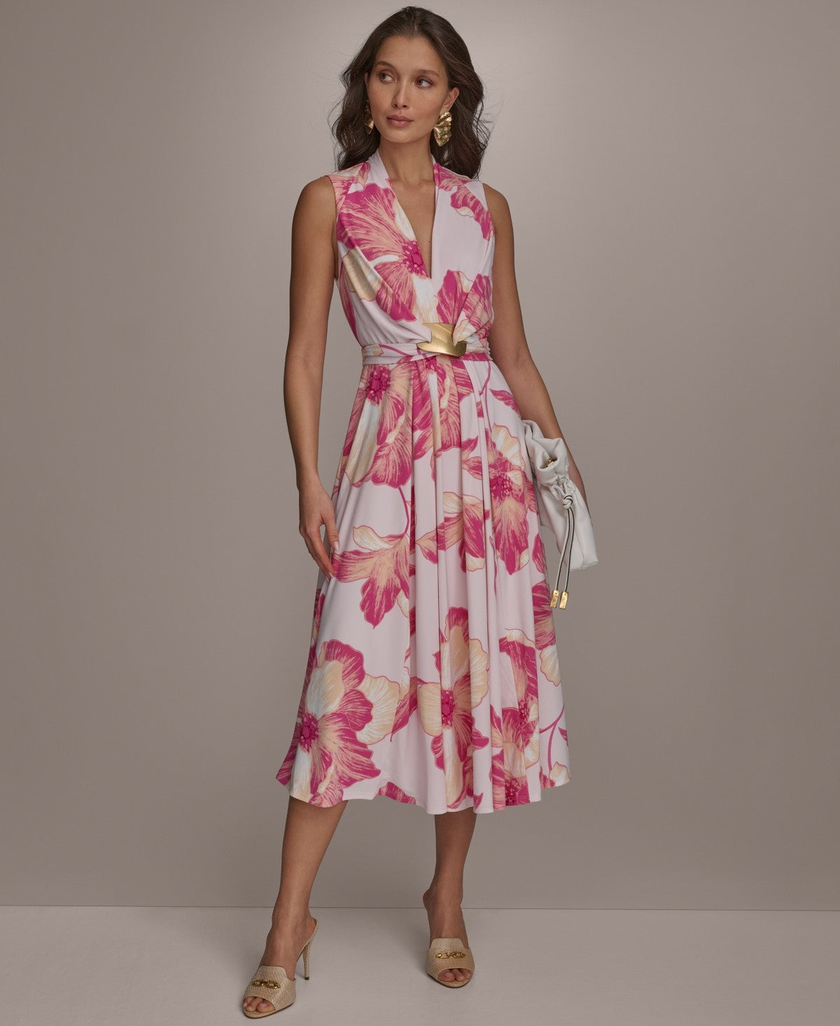 Donna Karan New York Womens Floral Print A Line Dress Misty Rose Pink