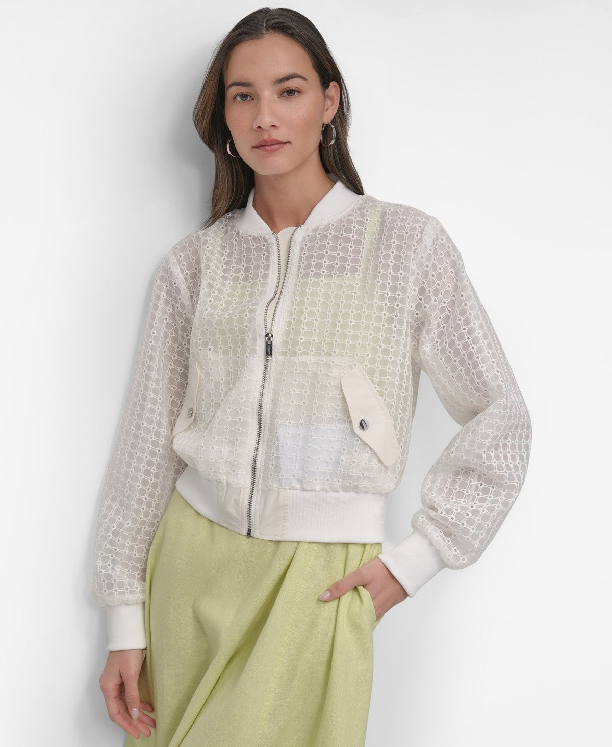 DKNY Womens Organza Eyelet Cropped Jacket Ivory