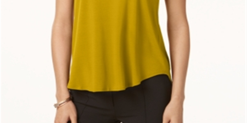 Alfani Women's Satin Trim High Low T-Shirt Yellow Size Petite