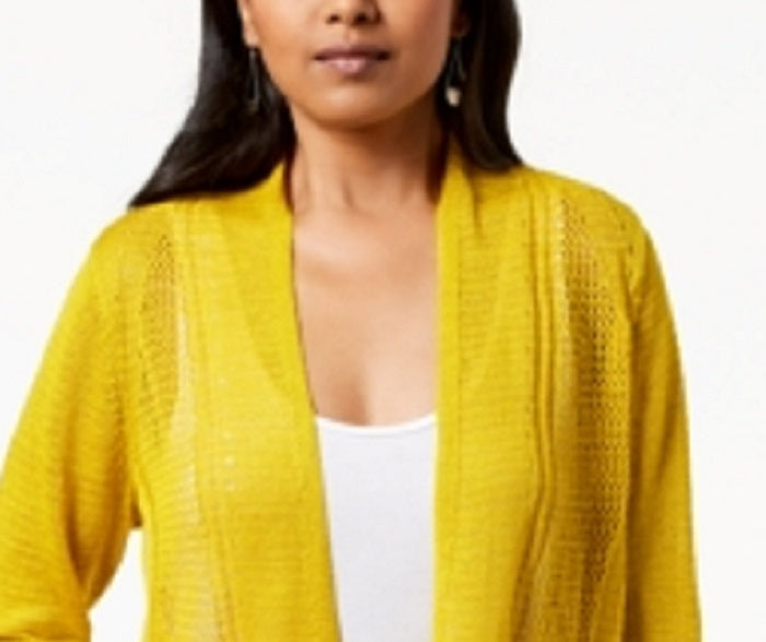 Alfani Women's Mixed Stitch Linen Blend Open Front Cardigan Yellow Size Petite Small