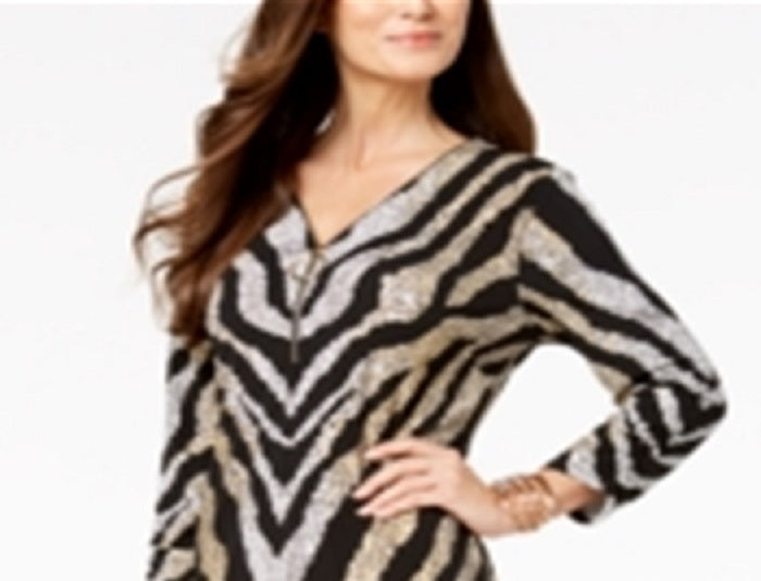 JM Collection Women's Metallic Print Sheath Dress Zebra Black Size Petite Small