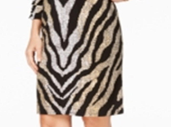 JM Collection Women's Metallic Print Sheath Dress Zebra Black Size Petite Small