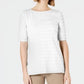 Charter Club Women's Cotton Texture Striped Elbow Sleeve Top White Size Medium