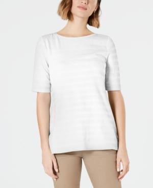 Charter Club Women's Cotton Texture Striped Elbow Sleeve Top White Size Medium