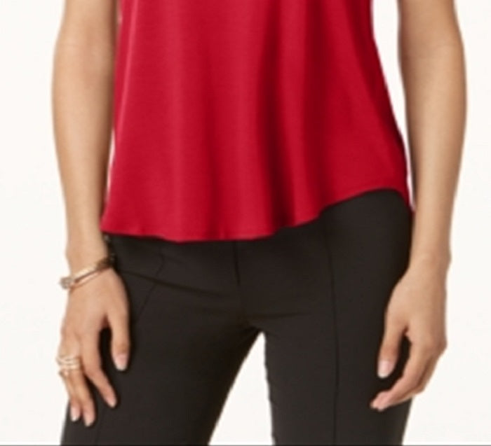 Alfani Women's Satin Trim High Low T-Shirt Red Size Petite
