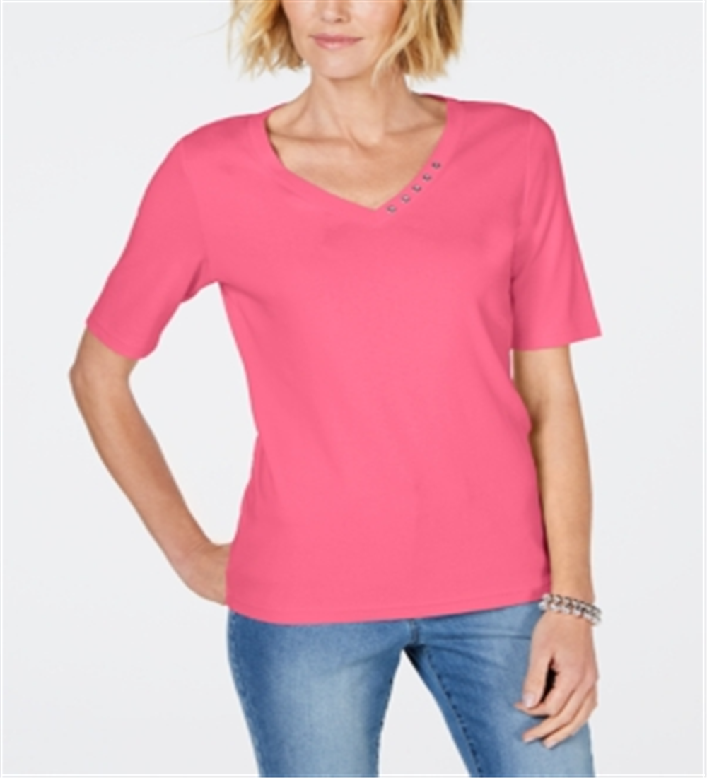 Karen Scott Women's Cotton V Neck T-Shirt Pink Size Large