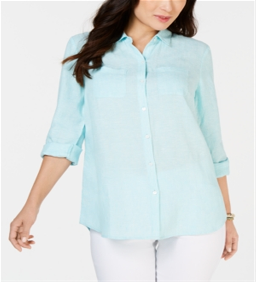 Charter Club Women's Linen Shirt Blue Size Small