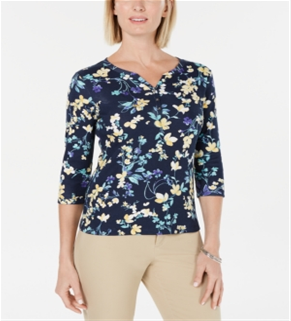 Karen Scott Women's Cotton Floral Print Henley Top Blue Blue Size Petite L