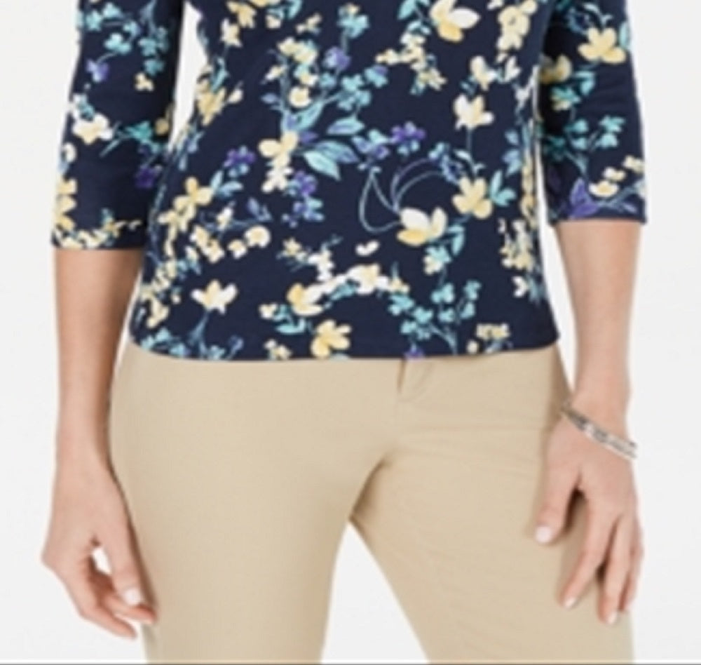 Karen Scott Women's Cotton Floral Print Henley Top Blue Blue Size Petite L
