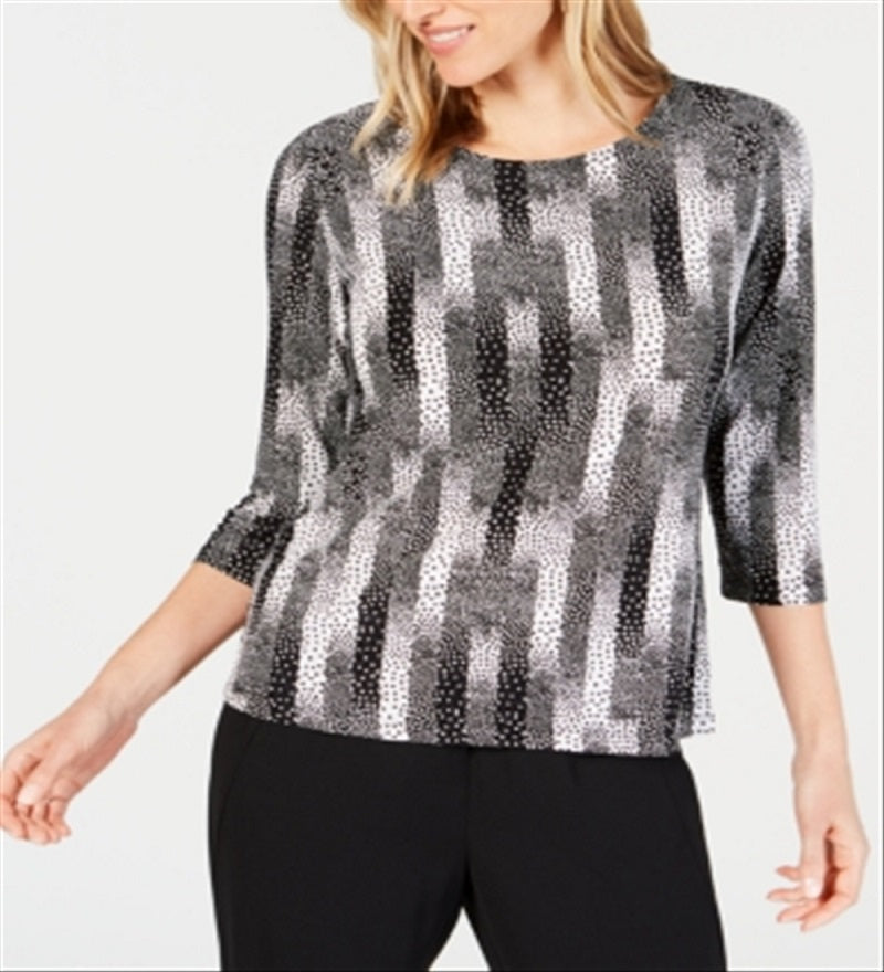 Jm Collection Petite Printed Jacquard Top Black Size Petite L