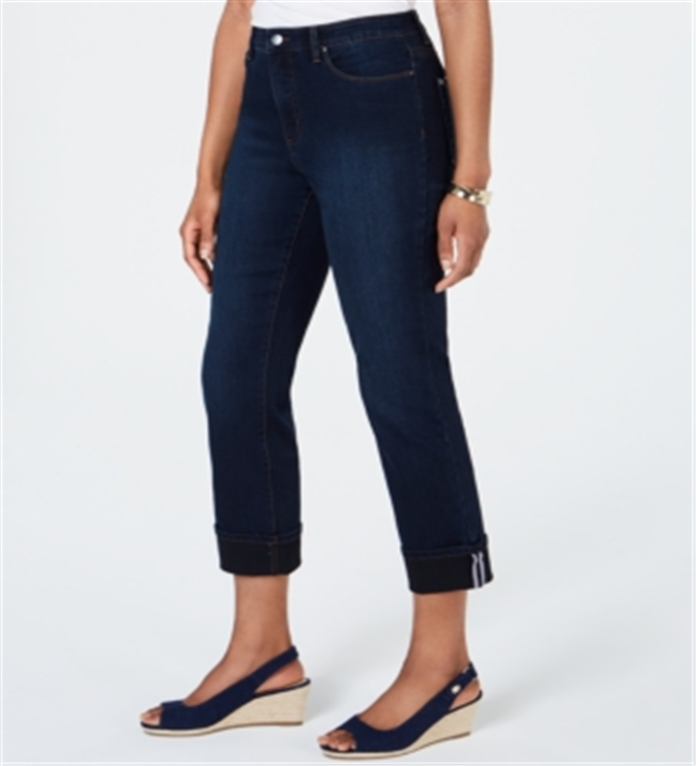 Charter Club Women's Tummy Control Cuffed Jeans Dark Blue Size 16