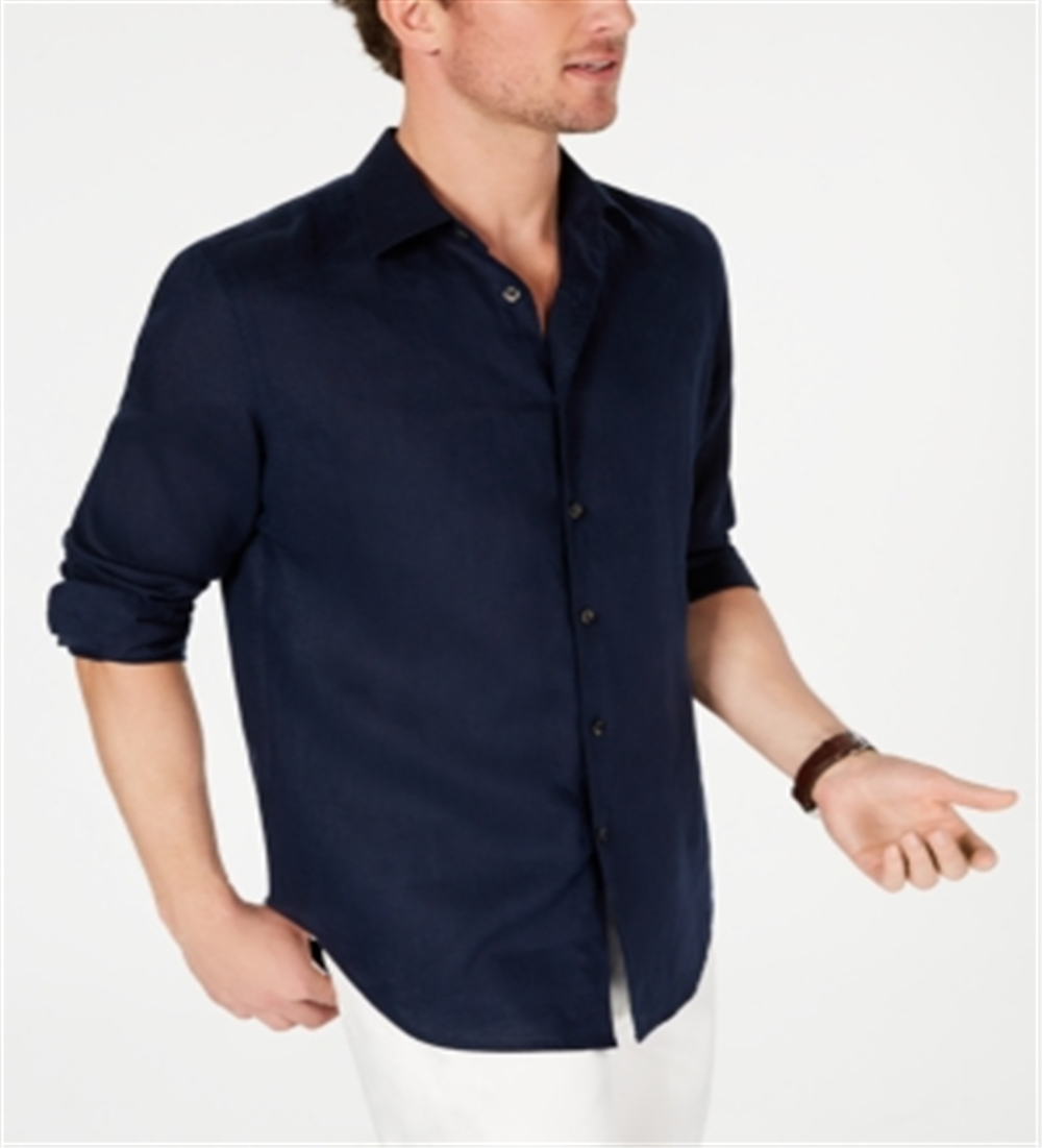 Tasso Elba Men's Long Sleeve Linen Shirt Blue Size X-Large
