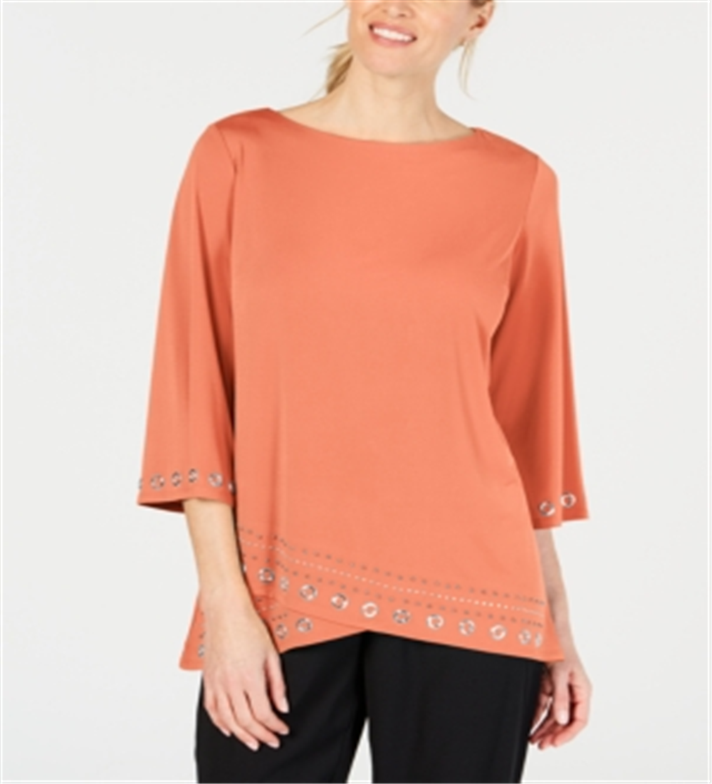 JM Collection Women's Embellished Boat Neck Top Orange Size Large