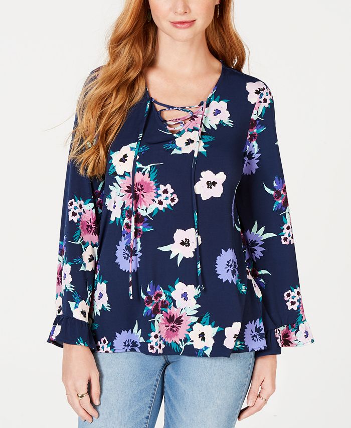 Style & Co Women's Floral Print Lace up Top Blue Size Medium