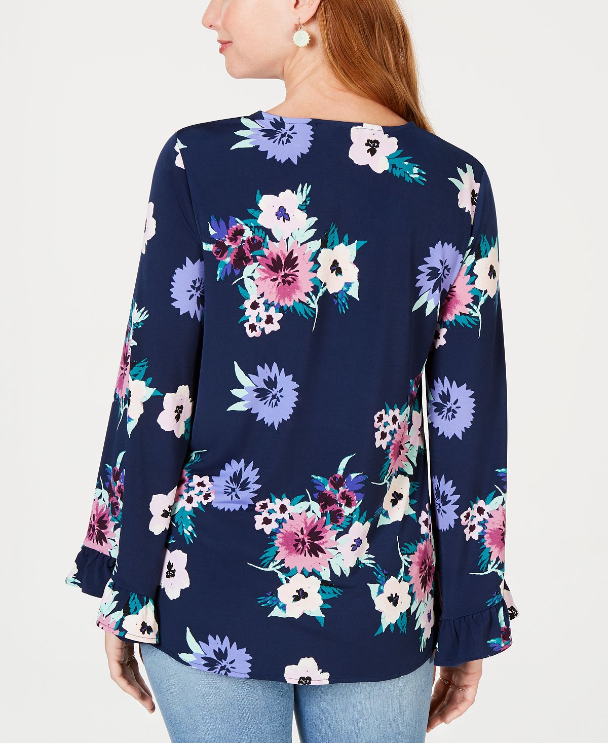 Style & Co Women's Floral Print Lace up Top Blue Size Medium
