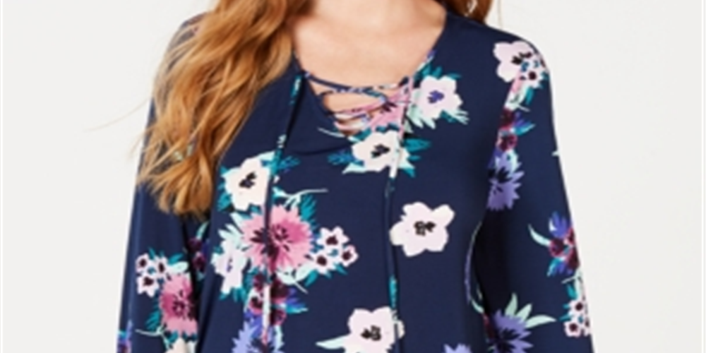 Style & Co Women's Floral Print Lace up Top Blue Size Medium