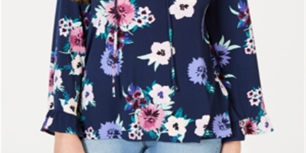 Style & Co Women's Floral Print Lace up Top Blue Size Medium