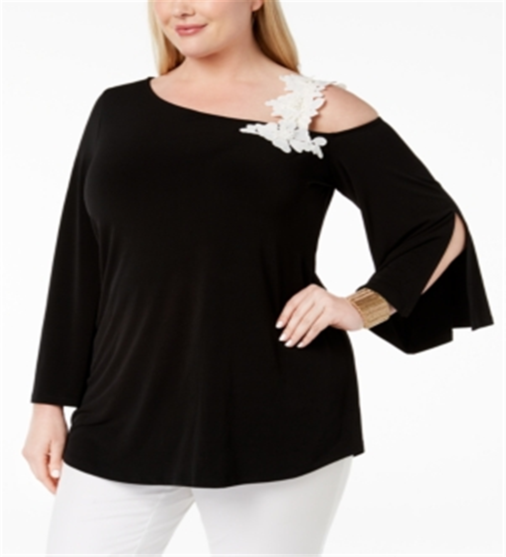 Alfani Women's Plus One Shoulder Applique Top Black Size 4X