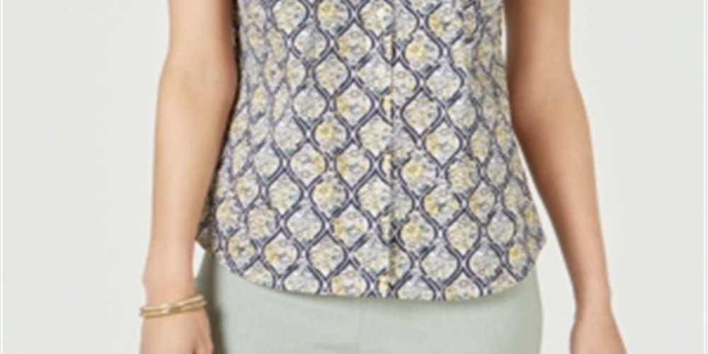 Charter Club Women's Printed Sleeveless Shirt Yellow/Dark Blue  Size 4