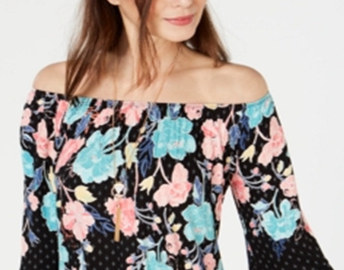 Style & Co Women's Printed Off the Shoulder Top Black Size XX-Large